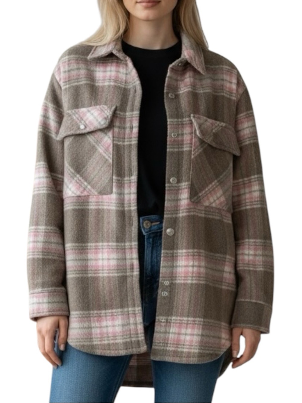 BlankNYC Plaid Flannel Shacket Jacket Tan Pink EUC Women’s Small Fall Winter EUC